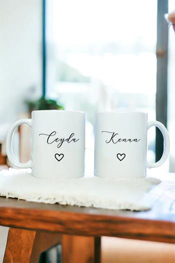 Kişiye Özel El Yazısı Tasarımlı İsimli İkili Beyaz Kupa Bardak