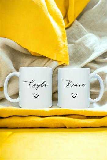 Kişiye Özel El Yazısı Tasarımlı İsimli İkili Beyaz Kupa Bardak