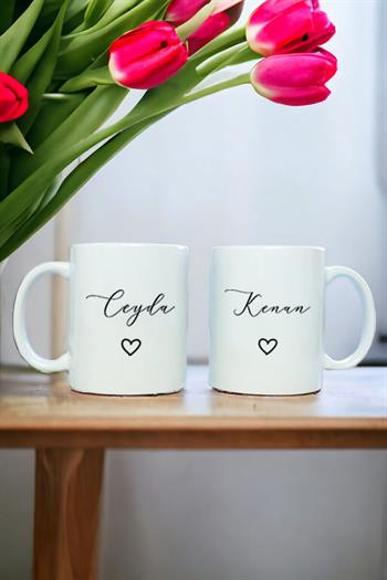 Kişiye Özel El Yazısı Tasarımlı İsimli İkili Beyaz Kupa Bardak