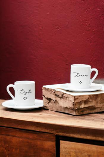 Kişiye Özel El Yazısı Tasarımlı İsimli İkili Beyaz Türk Kahvesi Fincanı