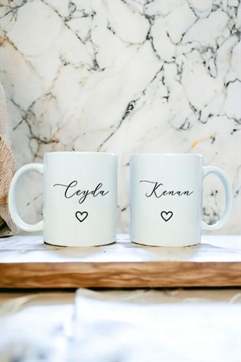 Kişiye Özel El Yazısı Tasarımlı İsimli İkili Beyaz Kupa Bardak