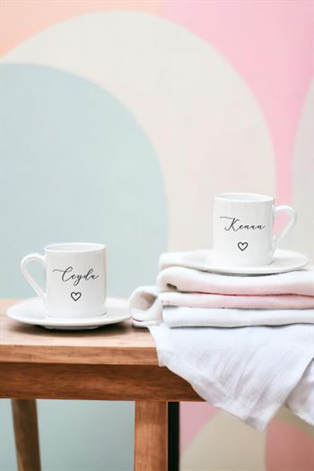 Kişiye Özel El Yazısı Tasarımlı İsimli İkili Beyaz Türk Kahvesi Fincanı