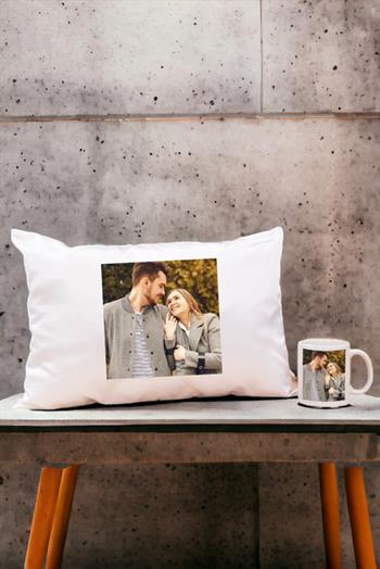 Kişiye Özel Fotoğraflı Beyaz Kupa Bardak ve Dikdörtgen Yastık