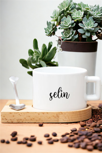Kişiye Özel İsim Yazılı Ahşap Altlıklı Çay ve Kahve Fincanı