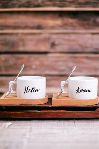 Kişiye Özel İsim Yazılı Ahşap Altlıklı İkili Fincan