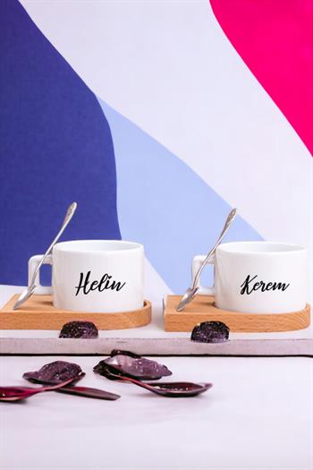 Kişiye Özel İsim Yazılı Ahşap Altlıklı İkili Fincan