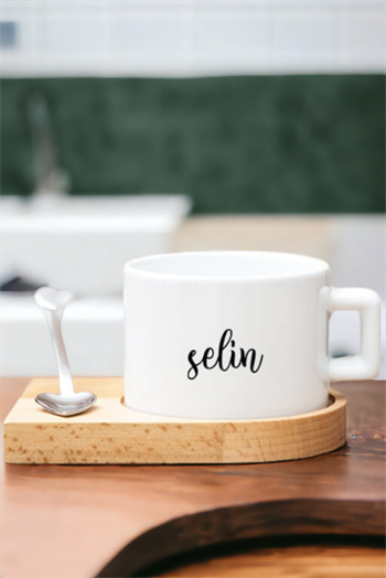 Kişiye Özel İsim Yazılı Ahşap Altlıklı Çay ve Kahve Fincanı
