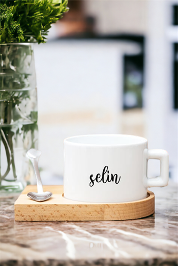Kişiye Özel İsim Yazılı Ahşap Altlıklı Çay ve Kahve Fincanı