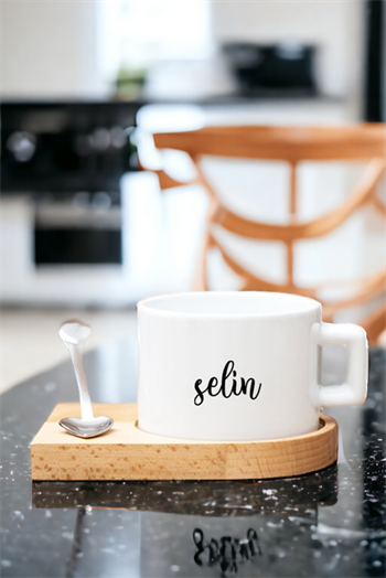 Kişiye Özel İsim Yazılı Ahşap Altlıklı Çay ve Kahve Fincanı