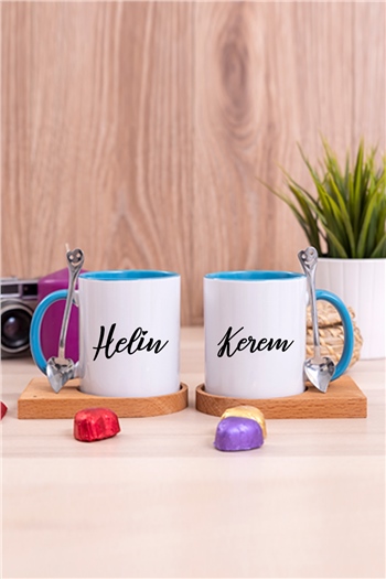Kişiye Özel İsim Yazılı İkili Ahşap Altlıklı İçi Renkli Kupa Bardak