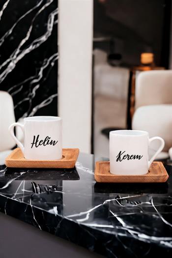 Kişiye Özel İsim Yazılı İkili Ahşap Altlıklı Türk Kahvesi Fincanı