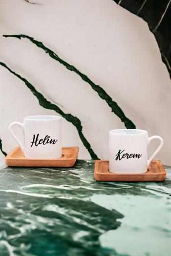 Kişiye Özel İsim Yazılı İkili Ahşap Altlıklı Türk Kahvesi Fincanı