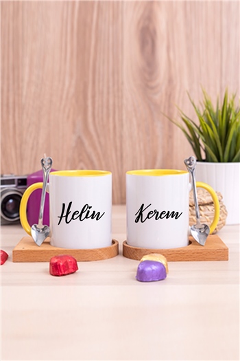 Kişiye Özel İsim Yazılı İkili Ahşap Altlıklı İçi Renkli Kupa Bardak