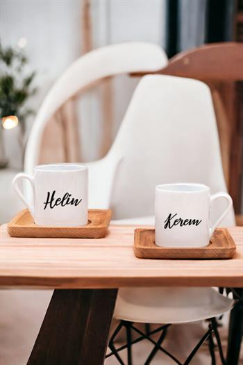 Kişiye Özel İsim Yazılı İkili Ahşap Altlıklı Türk Kahvesi Fincanı
