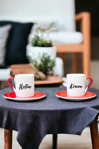 Kişiye Özel İsim Yazılı İkili Kırmızı Türk Kahvesi Fincanı