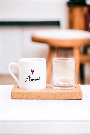 Kişiye Özel İsim Yazılı Minik Kalpli Ahşap Sunumlu Türk Kahvesi Fincanı