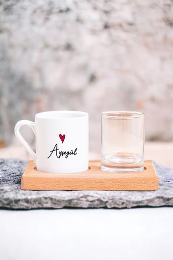 Kişiye Özel İsim Yazılı Minik Kalpli Ahşap Sunumlu Türk Kahvesi Fincanı