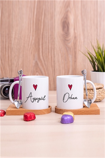 Kişiye Özel İsim Yazılı Minik Kalpli Ahşap Altlıklı İkili Beyaz Kupa Bardak