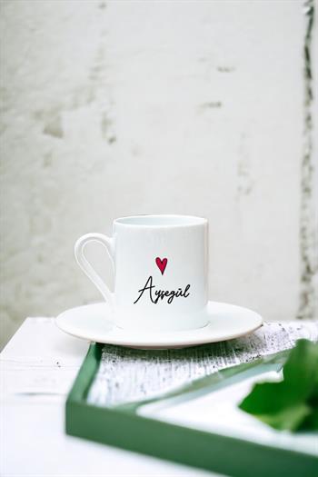 Kişiye Özel İsim Yazılı Minik Kalpli Beyaz Türk Kahvesi Fincanı