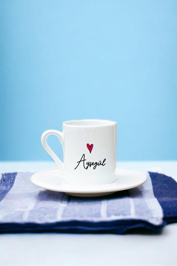 Kişiye Özel İsim Yazılı Minik Kalpli Beyaz Türk Kahvesi Fincanı