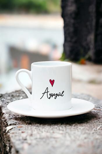 Kişiye Özel İsim Yazılı Minik Kalpli Beyaz Türk Kahvesi Fincanı