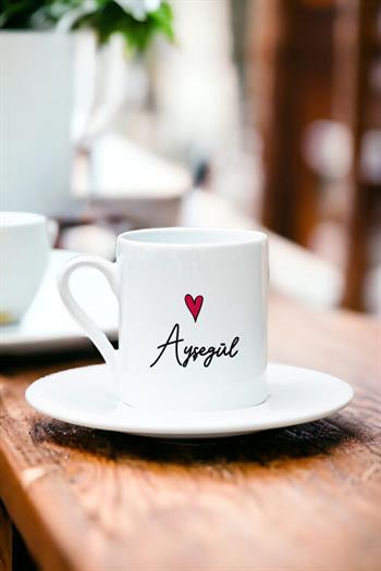 Kişiye Özel İsim Yazılı Minik Kalpli Beyaz Türk Kahvesi Fincanı