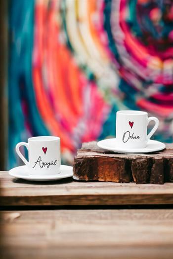 Kişiye Özel İsim Yazılı Minik Kalpli İkili Beyaz Türk Kahvesi Fincanı