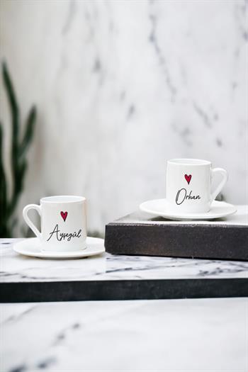 Kişiye Özel İsim Yazılı Minik Kalpli İkili Beyaz Türk Kahvesi Fincanı