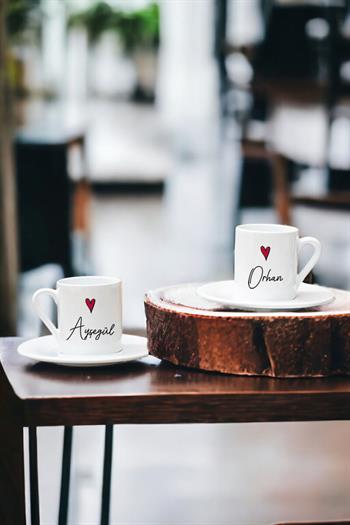 Kişiye Özel İsim Yazılı Minik Kalpli İkili Beyaz Türk Kahvesi Fincanı