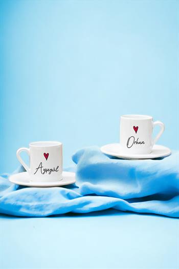 Kişiye Özel İsim Yazılı Minik Kalpli İkili Beyaz Türk Kahvesi Fincanı
