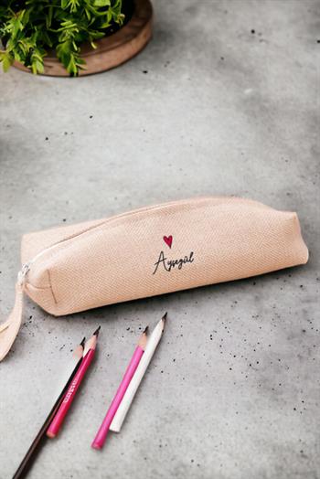 Kişiye Özel İsim Yazılı Minik Kalpli Keten Bez Kalemlik