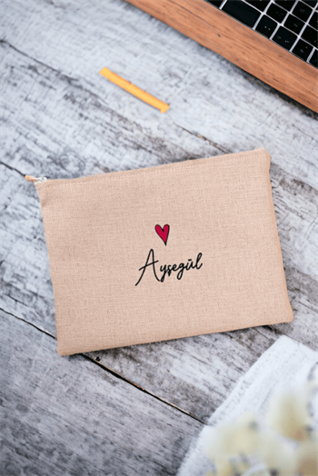 Kişiye Özel İsim Yazılı Minik Kalpli Keten Bez El Çantası