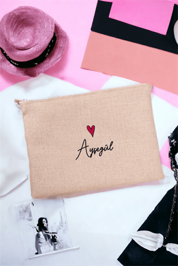 Kişiye Özel İsim Yazılı Minik Kalpli Keten Bez El Çantası