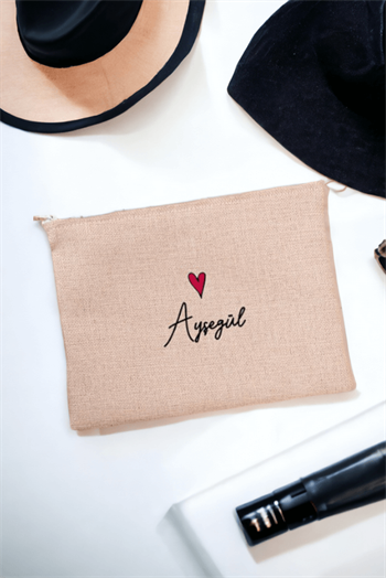 Kişiye Özel İsim Yazılı Minik Kalpli Keten Bez El Çantası