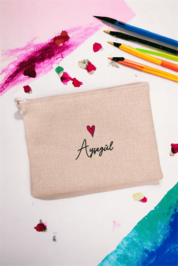 Kişiye Özel İsim Yazılı Minik Kalpli Keten Bez El Çantası