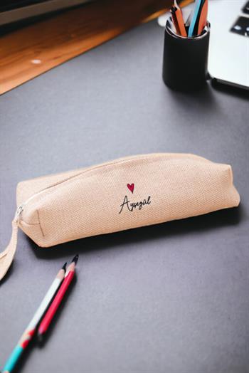 Kişiye Özel İsim Yazılı Minik Kalpli Keten Bez Kalemlik