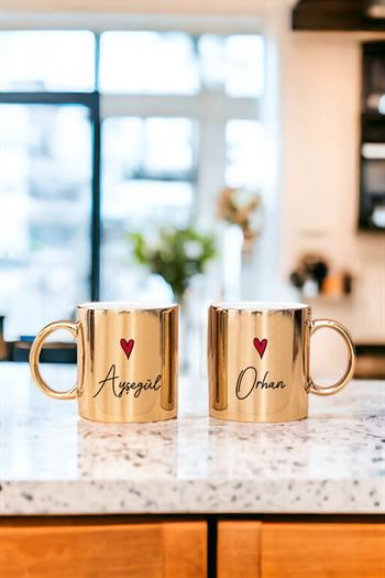 Kişiye Özel İsim Yazılı Minik Kalpli Porselen İkili Gold - Silver Kupa Bardak