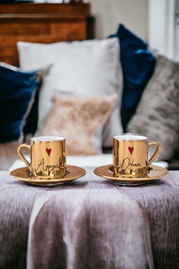 Kişiye Özel İsim Yazılı Minik Kalpli Porselen İkili Gold - Silver Türk Kahvesi Fincanı