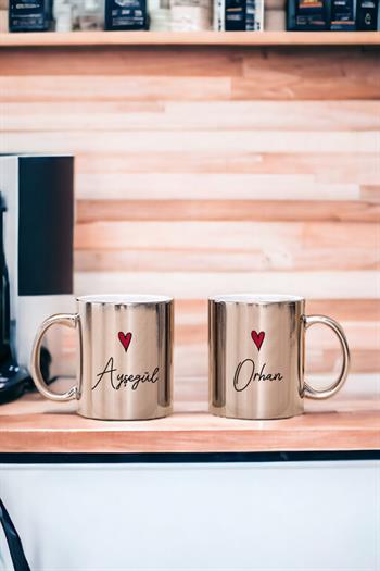 Kişiye Özel İsim Yazılı Minik Kalpli Porselen İkili Gold - Silver Kupa Bardak