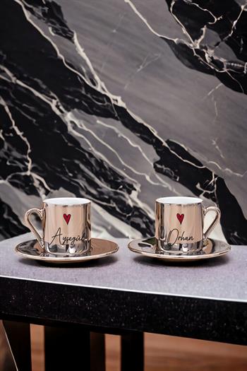 Kişiye Özel İsim Yazılı Minik Kalpli Porselen İkili Gold - Silver Türk Kahvesi Fincanı
