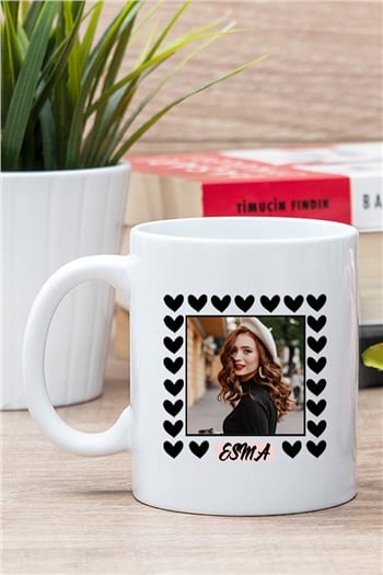 Kişiye Özel Kalp Detaylı Fotoğraflı  Beyaz Kupa Bardak