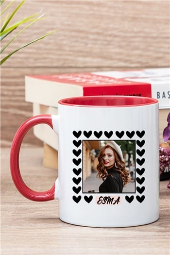 Kişiye Özel Kalp Detaylı Fotoğraflı  İçi Renkli Kupa Bardak