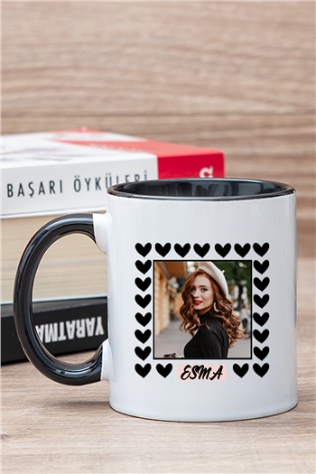 Kişiye Özel Kalp Detaylı Fotoğraflı  İçi Renkli Kupa Bardak