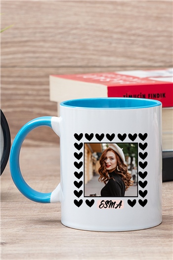 Kişiye Özel Kalp Detaylı Fotoğraflı  İçi Renkli Kupa Bardak