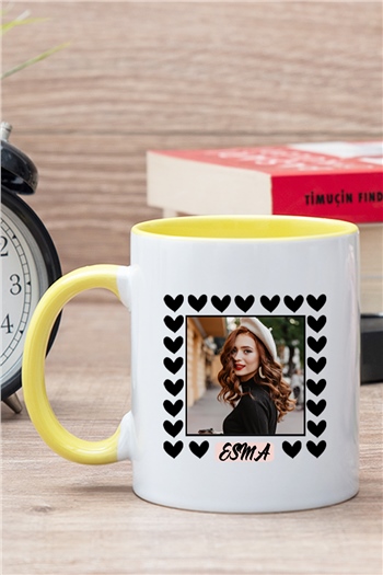 Kişiye Özel Kalp Detaylı Fotoğraflı  İçi Renkli Kupa Bardak