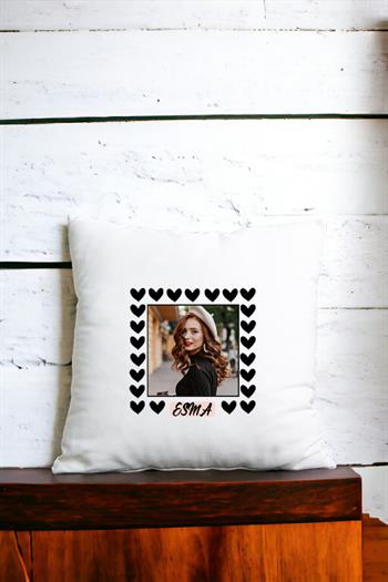 Kişiye Özel Kalp Detaylı Fotoğraflı  Saten Kare Yastık