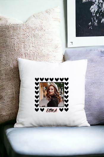 Kişiye Özel Kalp Detaylı Fotoğraflı  Saten Kare Yastık