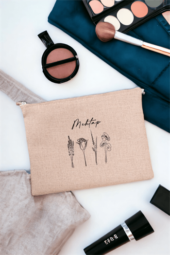 Kişiye Özel Karakalem Çizimli Çiçekler Keten Bez El Çantası