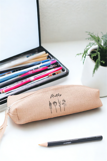 Kişiye Özel Karakalem Çizimli Çiçekler Keten Bez Kalemlik