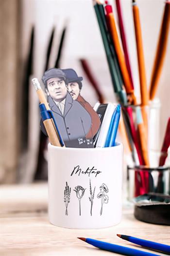 Kişiye Özel Karakalem Çizimli Çiçekler Seramik Kalemlik